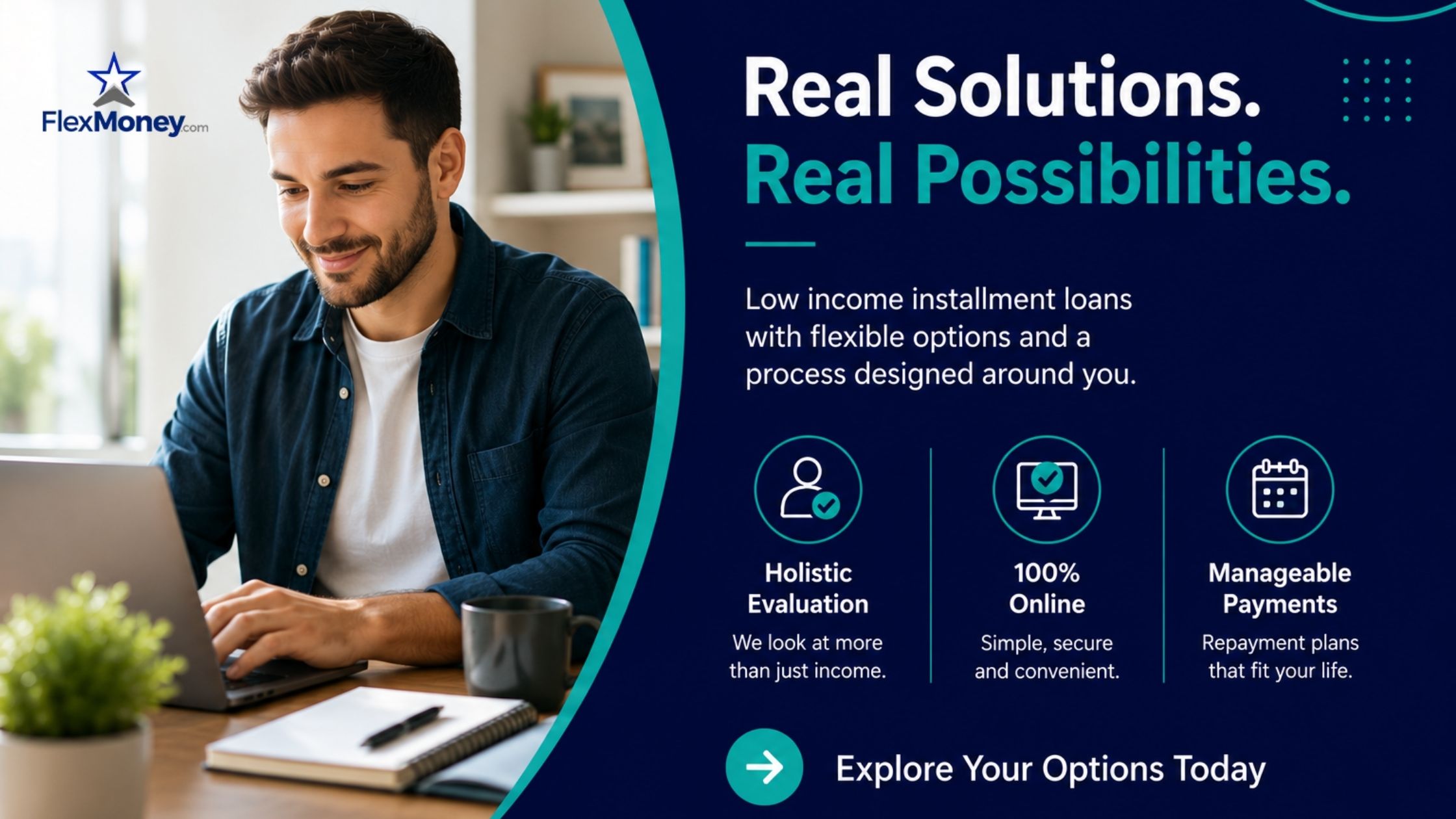 Man using a laptop at home while exploring low income installment loan options with flexible payments, online applications, and holistic financial evaluation from FlexMoney