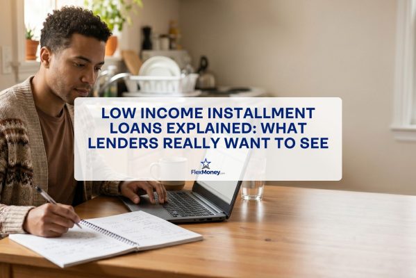 Man reviewing finances on a laptop and taking notes at home while researching low income installment loans and lender requirements