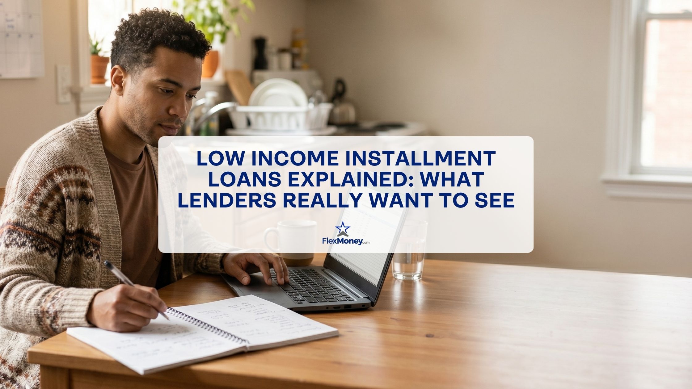 Man reviewing finances on a laptop and taking notes at home while researching low income installment loans and lender requirements