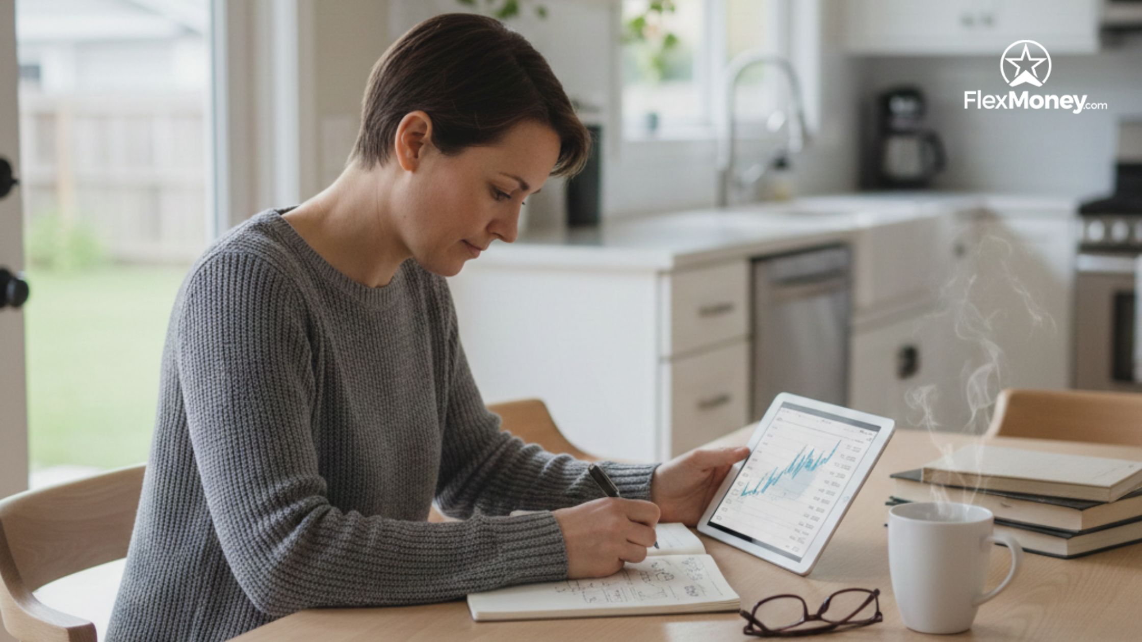 Person reviewing financial data on a tablet while taking notes at home, representing online loan comparison and responsible borrowing decisions