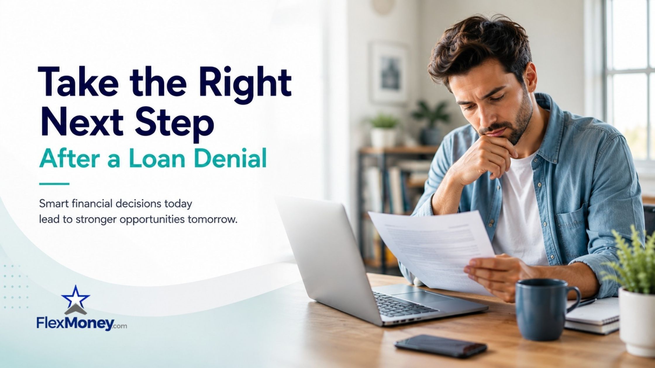 Man reviewing a loan denial letter while working on a laptop at home, representing the steps to take after a loan application is denied and how to improve future borrowing opportunities