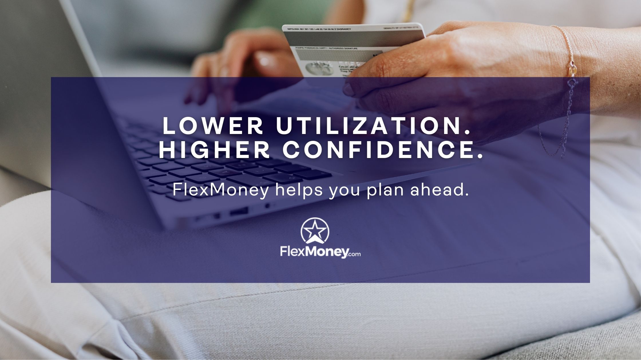 Person holding a credit card while reviewing finances on a laptop, representing credit utilization management and planning ahead.
