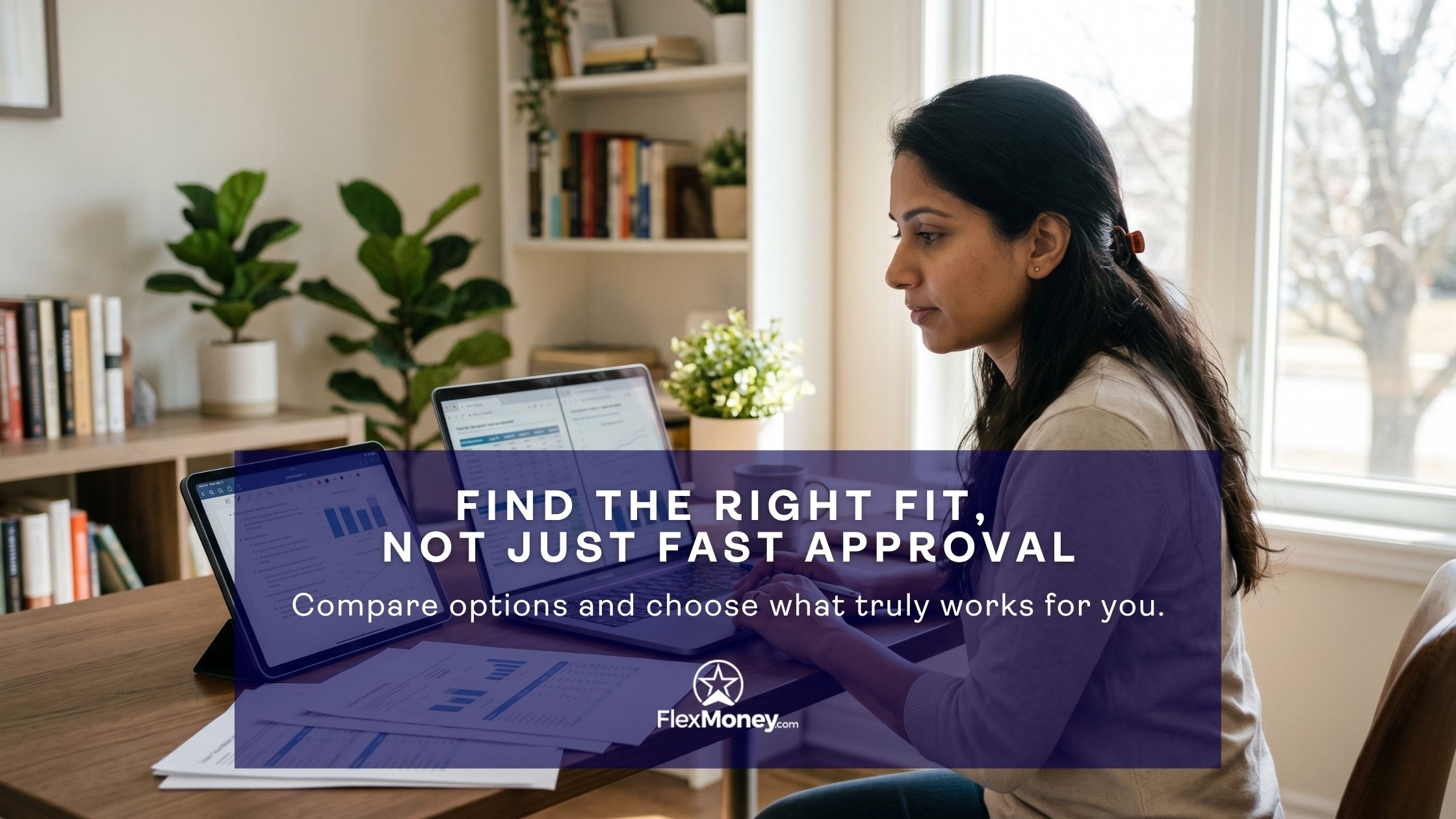 Woman comparing financial charts on multiple devices at home, illustrating how to compare personal loan options and choose the right fit instead of fast approval