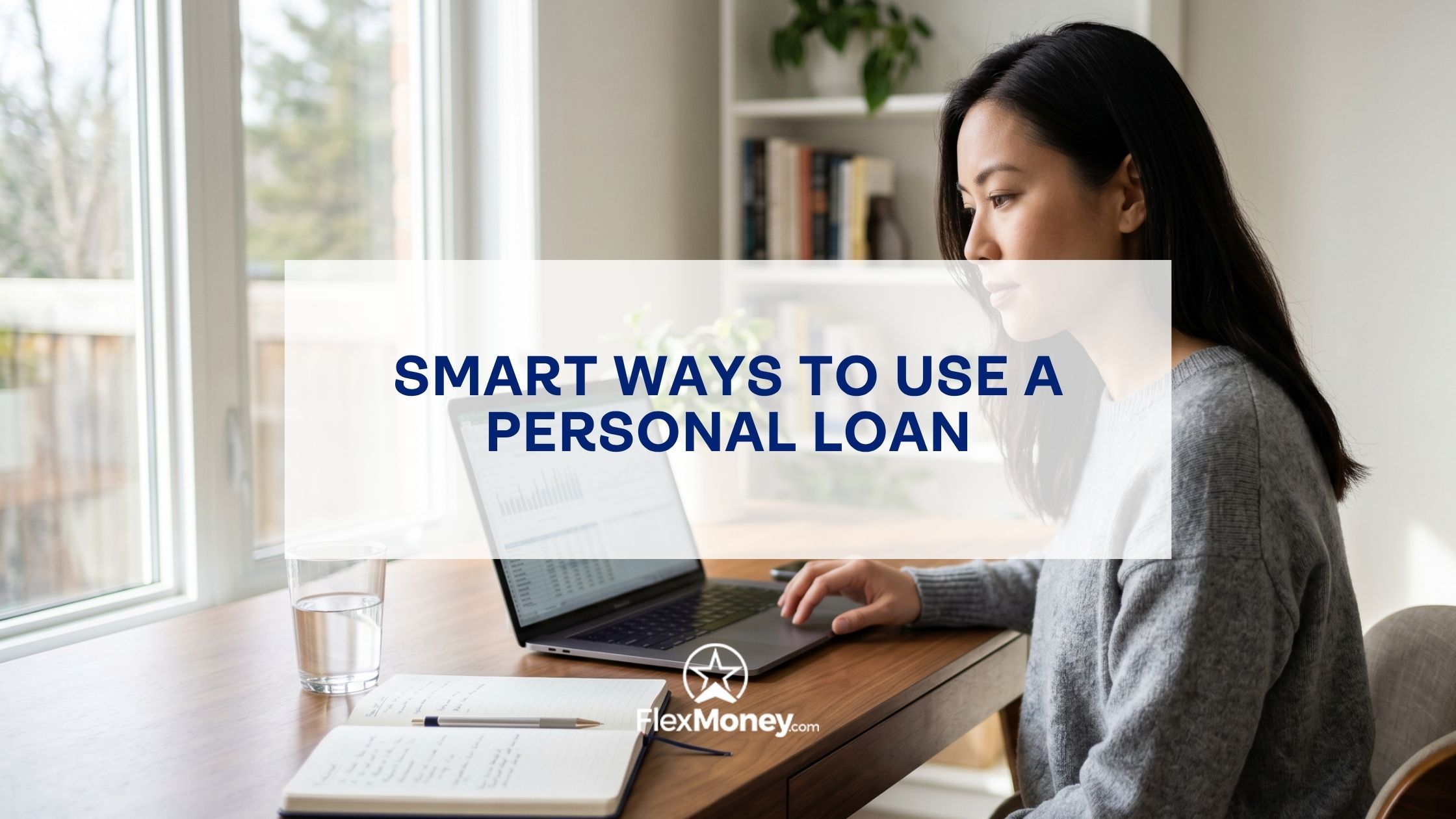 Woman working on a laptop at home reviewing financial data and notes, representing smart ways to use a personal loan responsibly