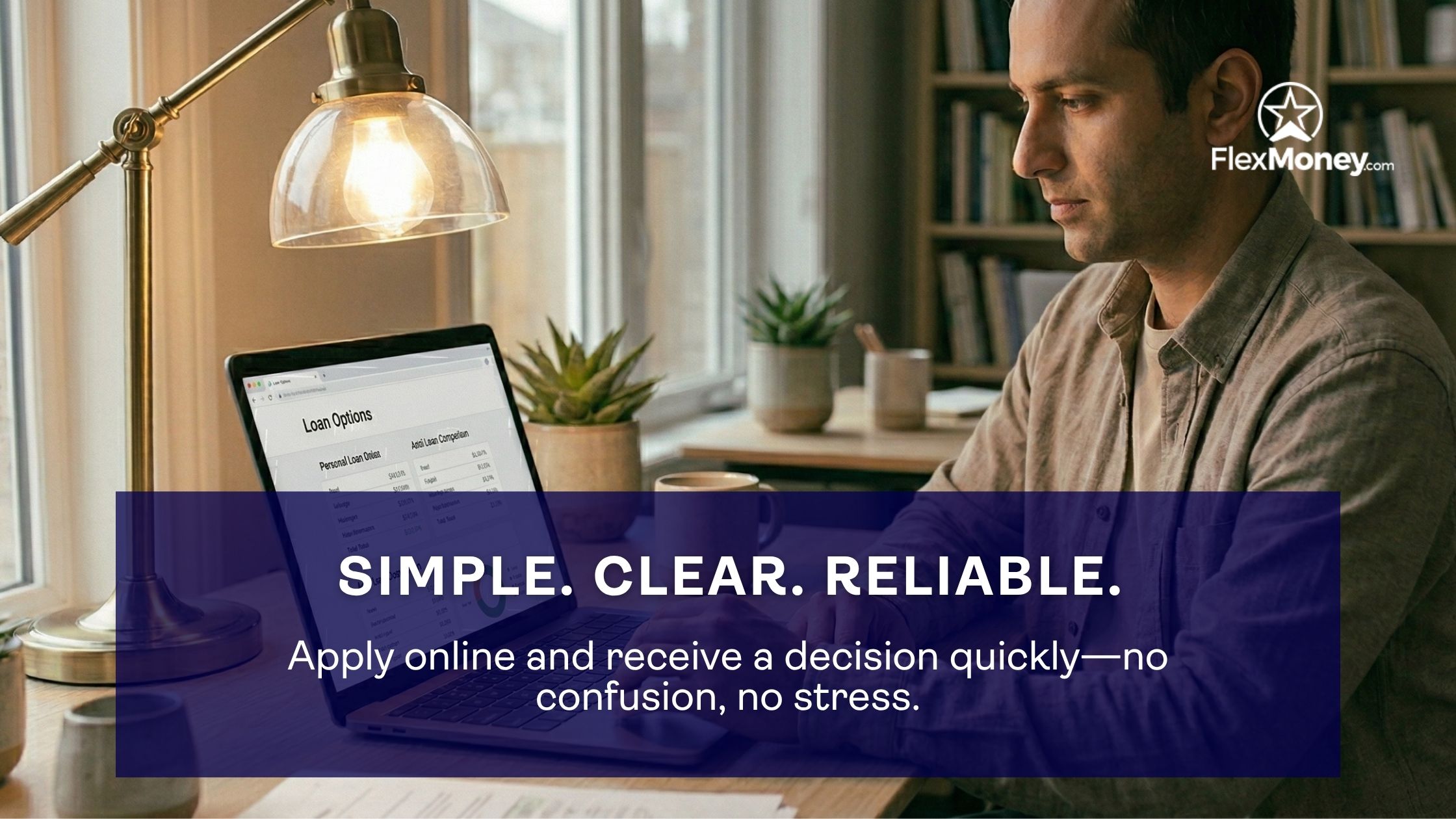 Man using a laptop to review loan options at home, highlighting a simple, clear, and reliable online loan application process