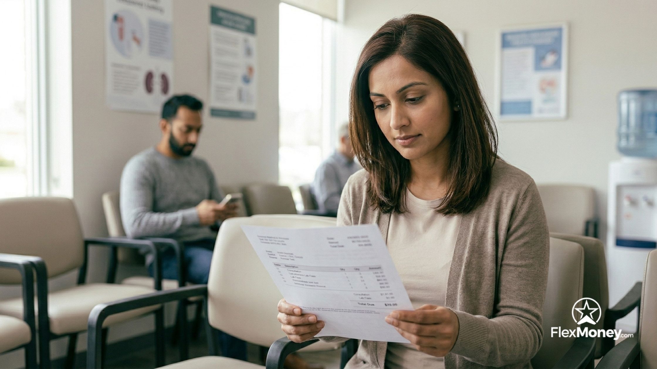  Woman sitting in a waiting room reviewing a bill or financial document, illustrating financial stress and the need for emergency loan support