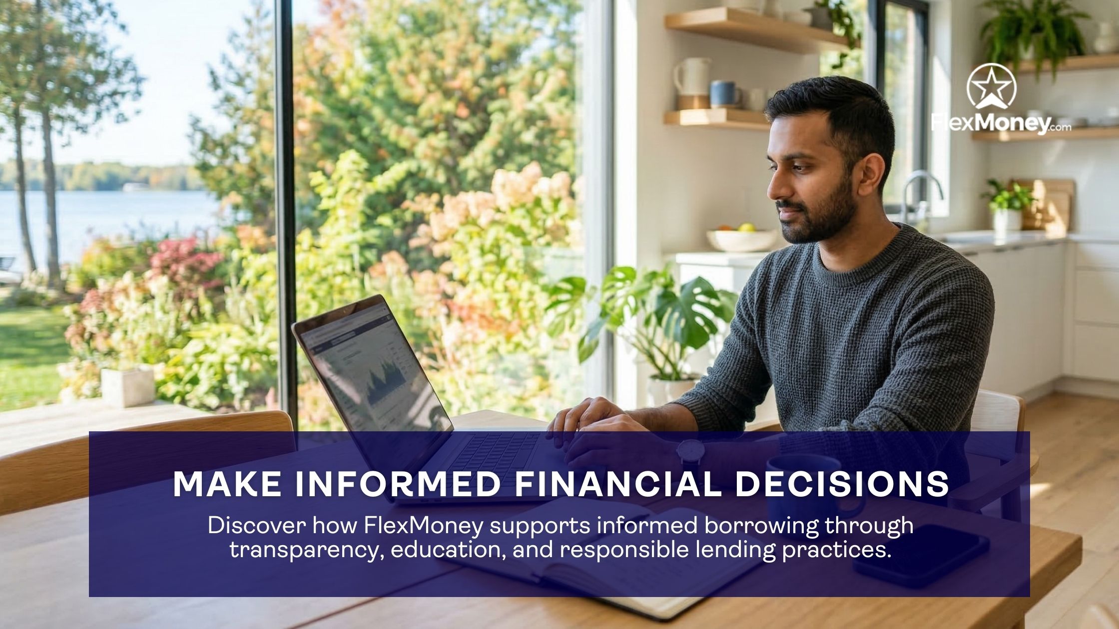  A man sitting at a kitchen table with a laptop, looking calm and confident while reviewing financial information. A large window in the background shows a bright outdoor view. A blue banner at the bottom reads, "Make Informed Financial Decisions