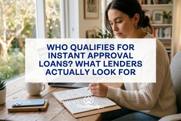 A woman sitting at a wooden desk in a bright room, focused on writing in a notebook while a laptop and smartphone sit nearby. A text overlay reads, "Who qualifies for instant approval loans? What lenders actually look for