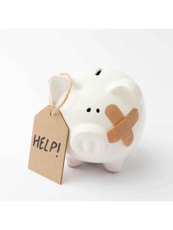 emergency fund image of broken piggy bank with help sign