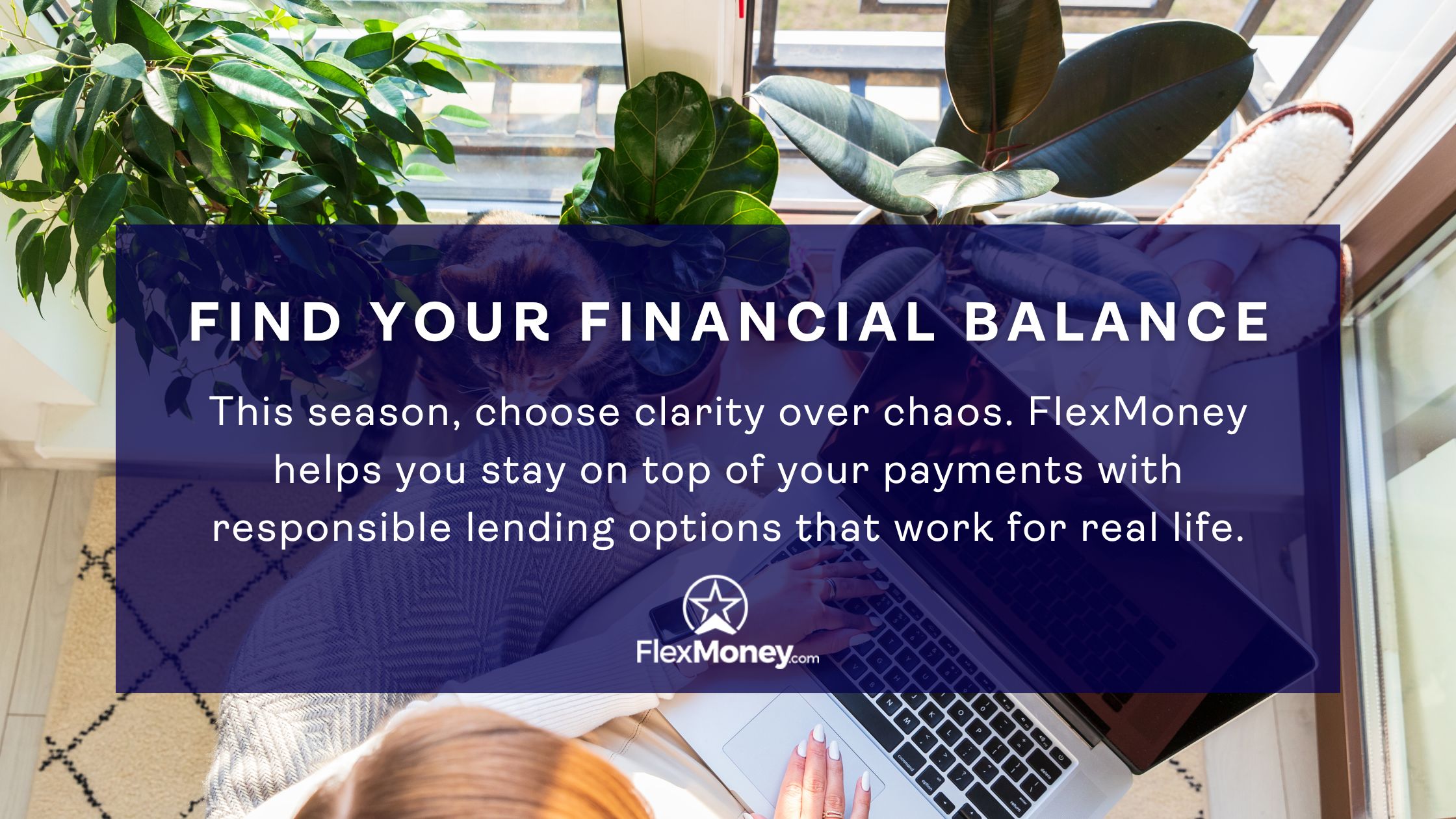 Person using a laptop at home with a cozy setup and plants nearby, illustrating FlexMoney’s message to find financial balance and manage payments responsibly during the holidays