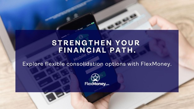 Hands holding a smartphone showing a mobile banking screen in front of a laptop, with text promoting flexible debt consolidation options from FlexMoney.