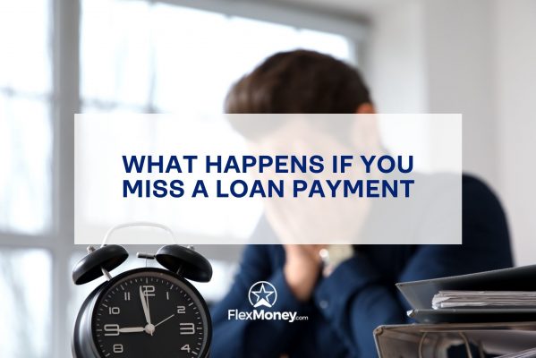 A stressed person sitting at a desk with bills, paperwork, and an alarm clock, representing the financial impact of missing a loan payment in Canada.