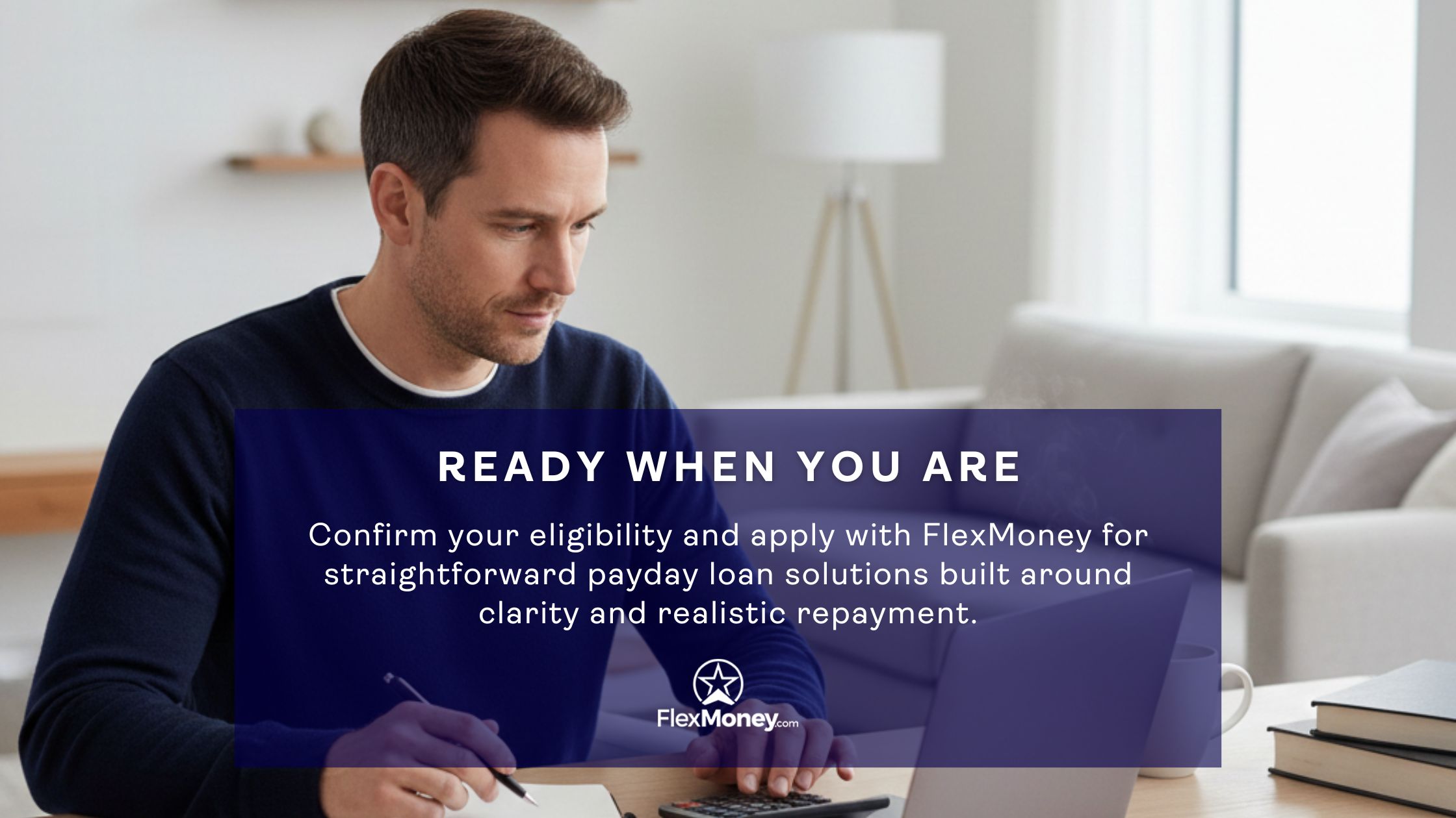 Man working on a laptop at home while confirming eligibility and applying for an online payday loan with FlexMoney.