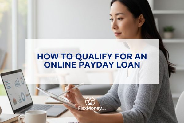 Woman reviewing financial information on a tablet while applying for an online payday loan with FlexMoney