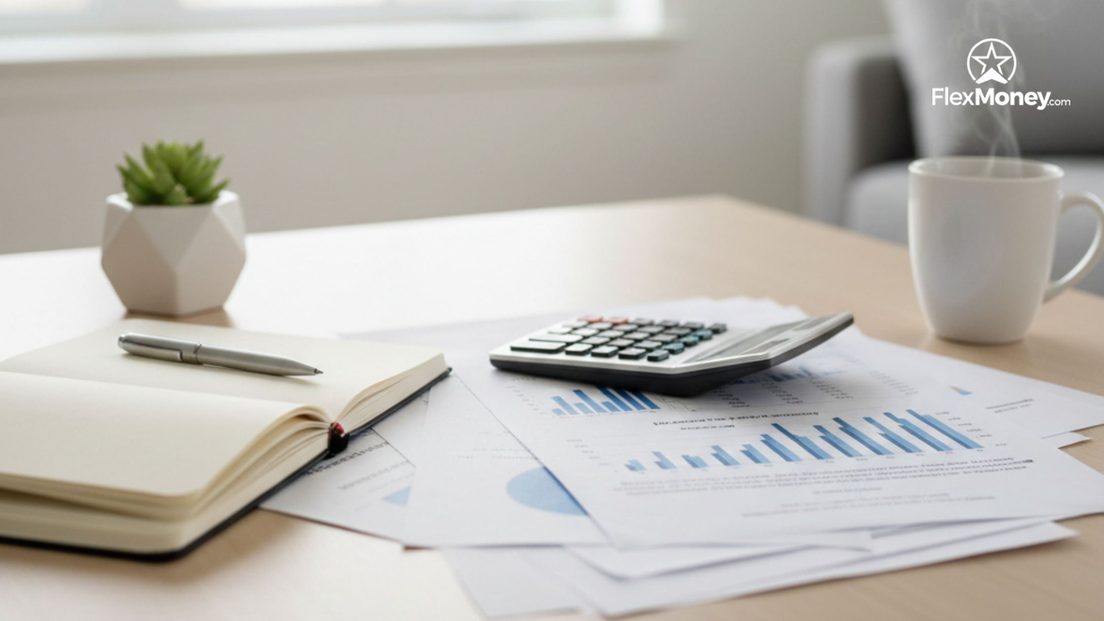 Calculator, notebook, and financial charts on a desk representing budgeting and planning for an online loan