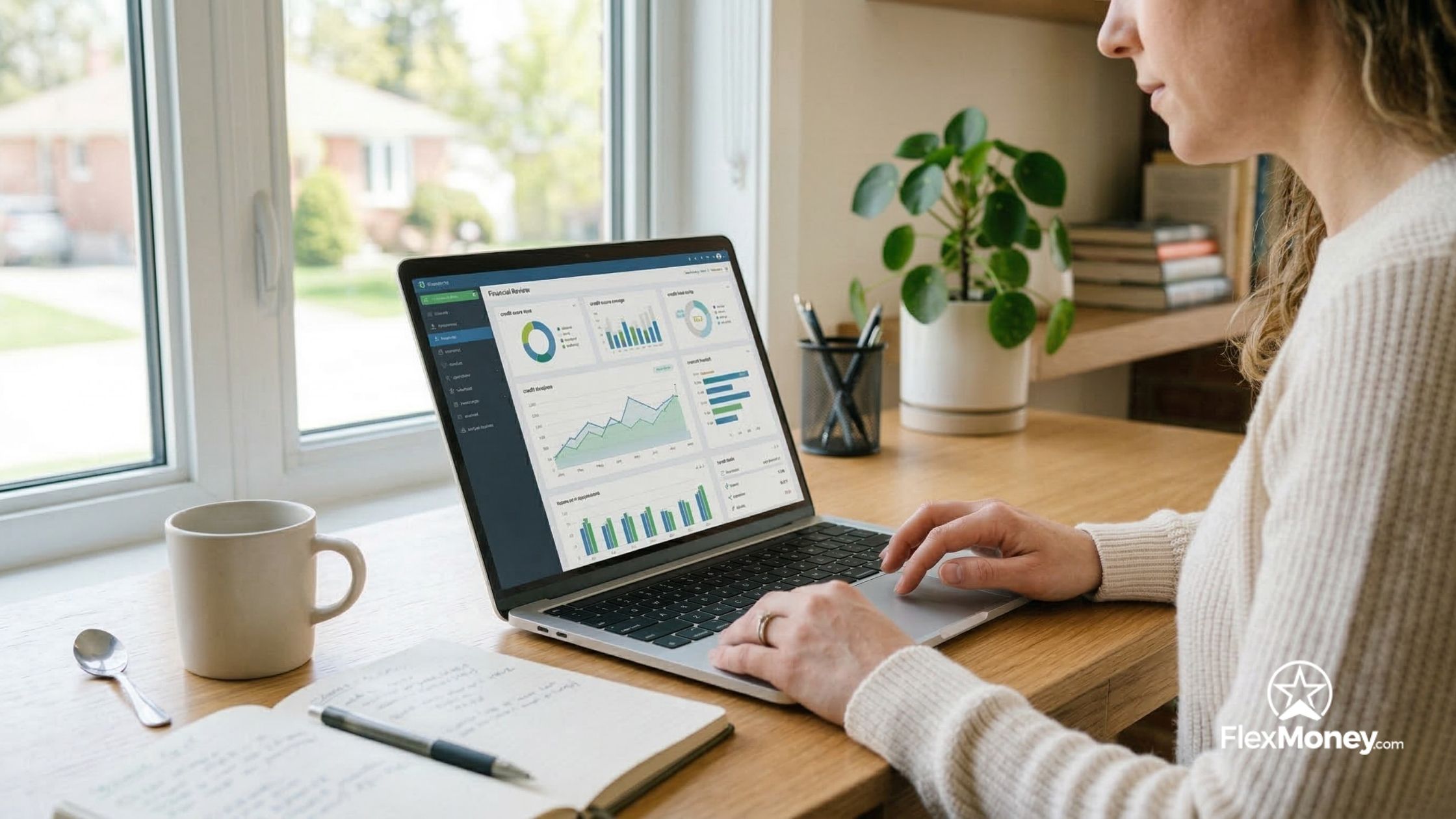 Borrower reviewing financial data and credit information on a laptop while evaluating loan options