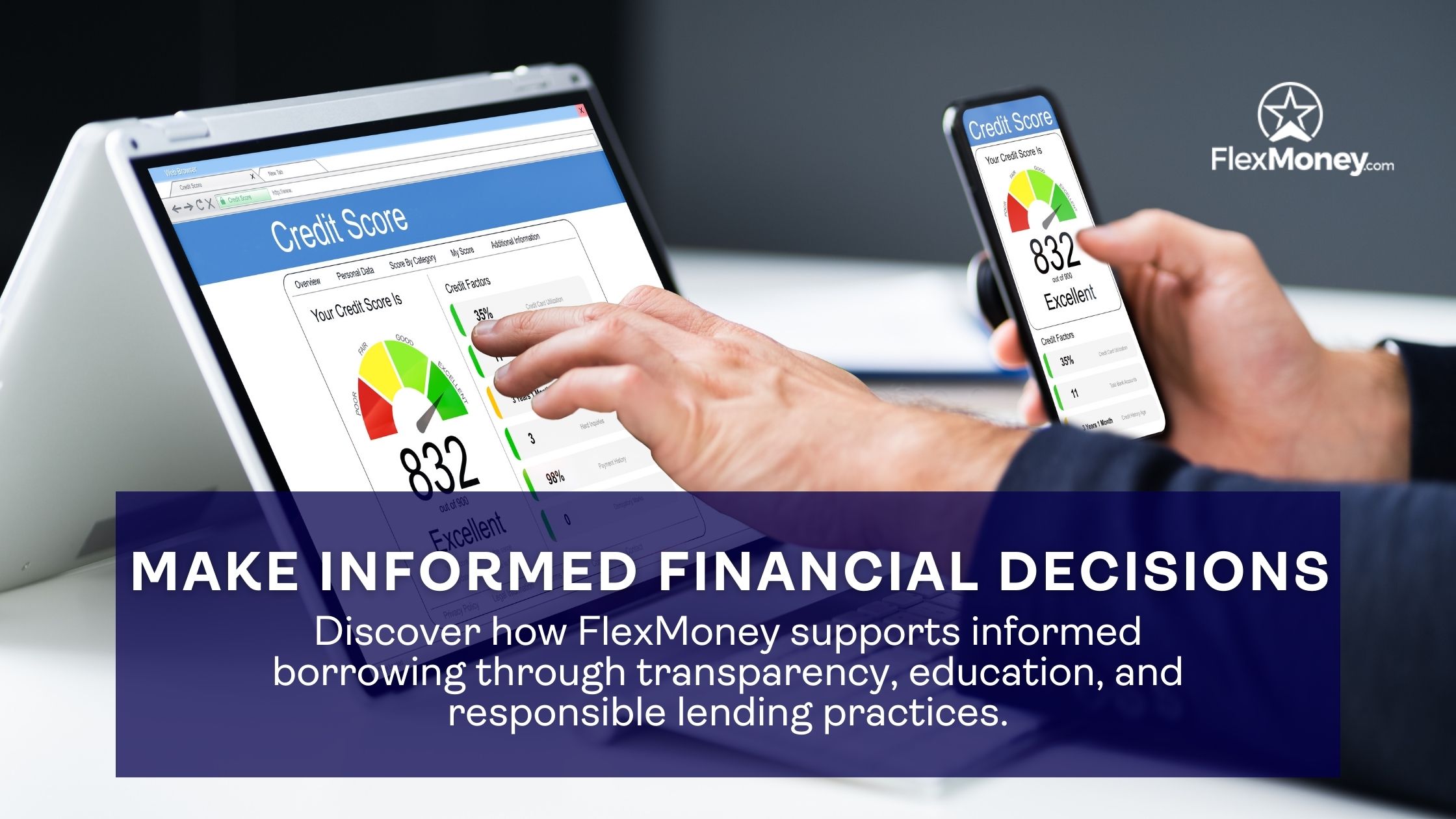 Borrower reviewing credit score on a laptop and smartphone while making informed financial decisions about borrowing.