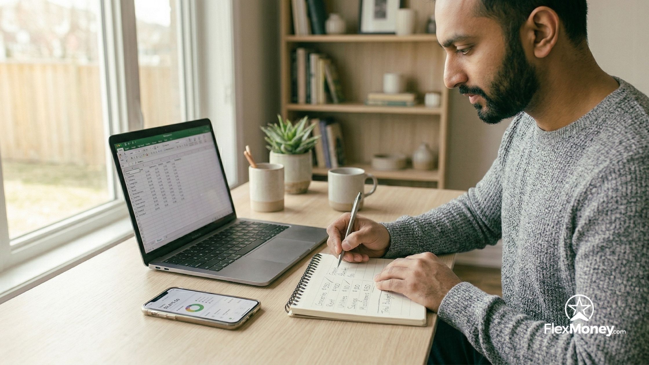Man calculating expenses and loan amounts using a notebook and laptop with spreadsheet, showing practical budgeting and responsible borrowing decisions
