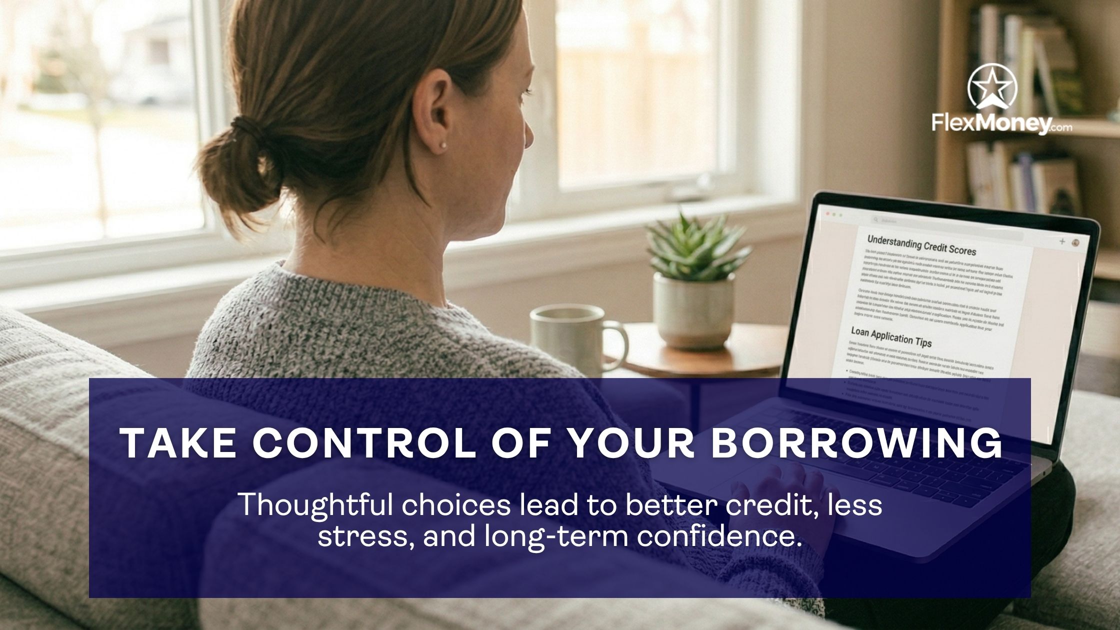 Woman reviewing credit score information and loan tips on a laptop at home, representing taking control of borrowing and improving financial confidence