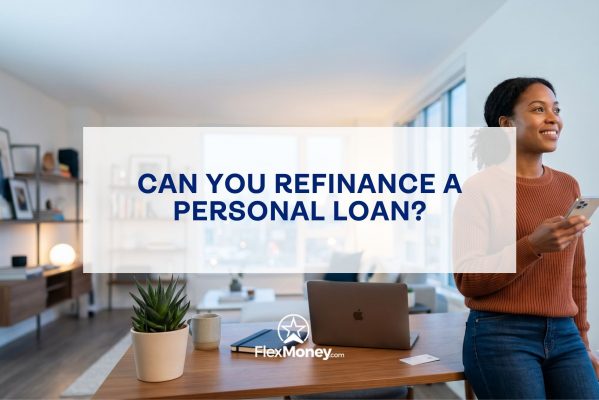 Woman standing in a modern home holding a phone and smiling, representing refinancing a personal loan and exploring better financial options