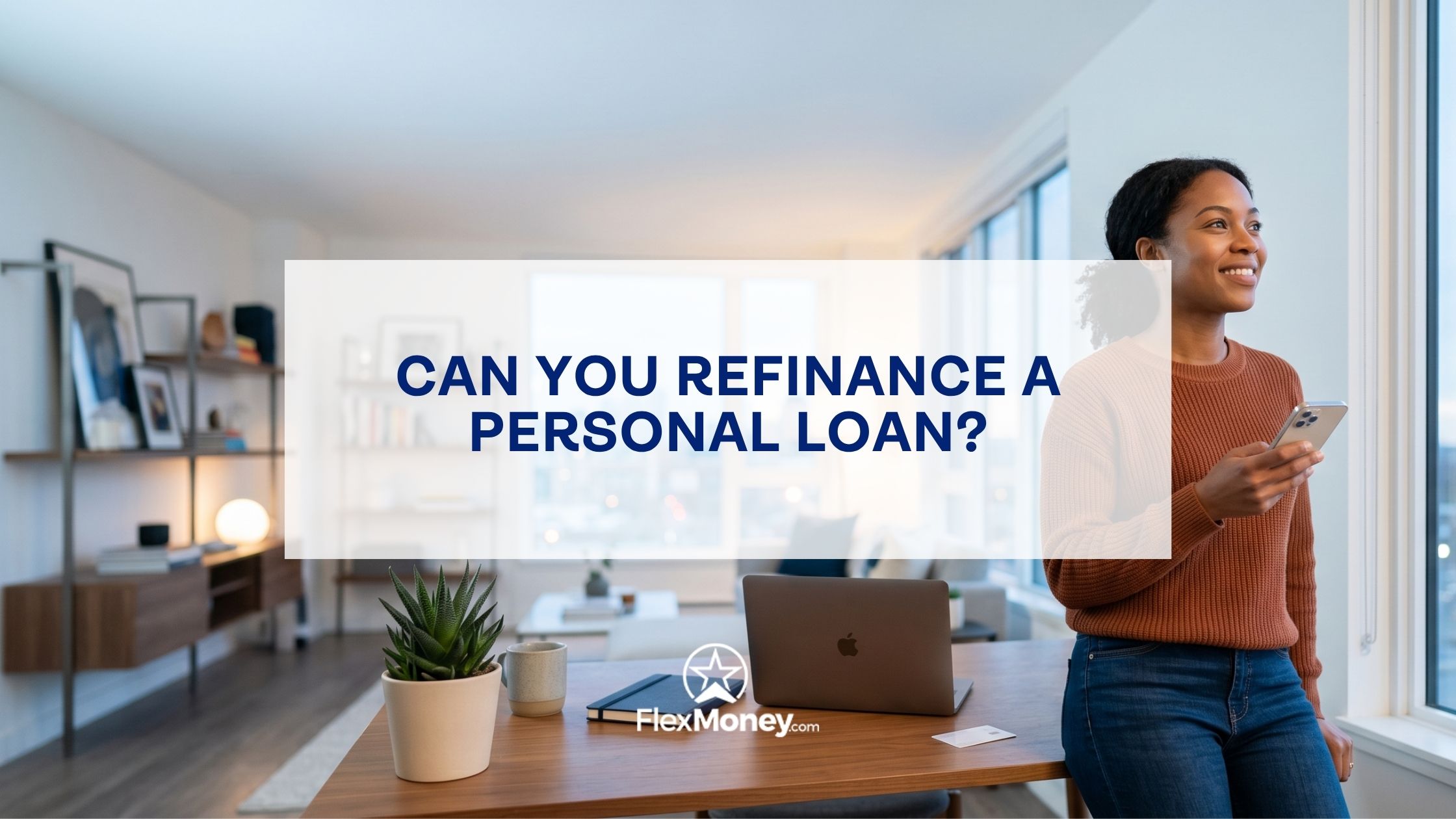 Woman standing in a modern home holding a phone and smiling, representing refinancing a personal loan and exploring better financial options