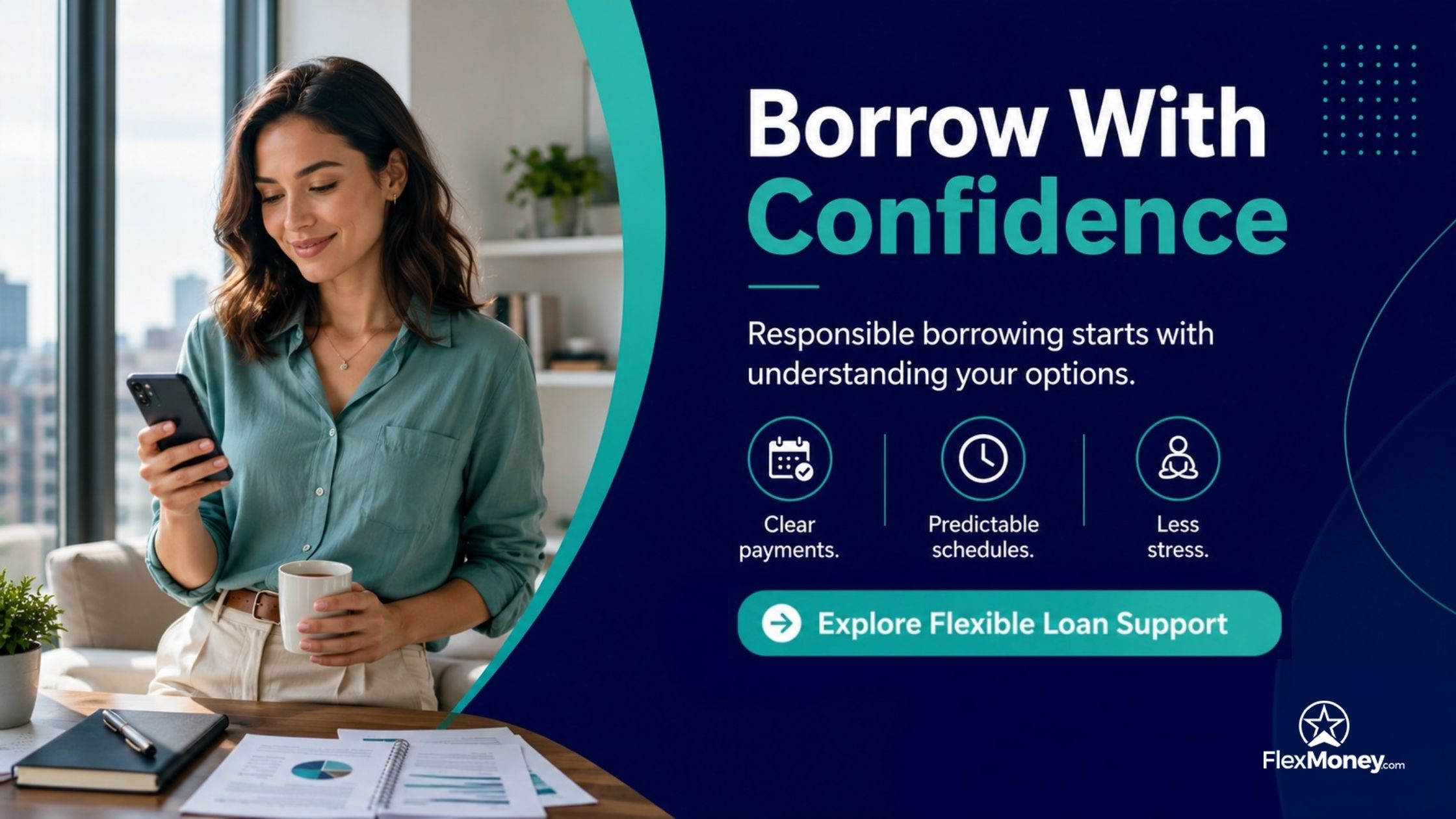 Woman reviewing finances on her smartphone while sitting at a desk, highlighting responsible borrowing, predictable payments, and flexible installment loan support from FlexMoney