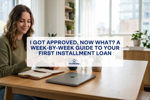 Woman checking her phone at a home office after being approved for her first installment loan, reviewing next steps and repayment planning