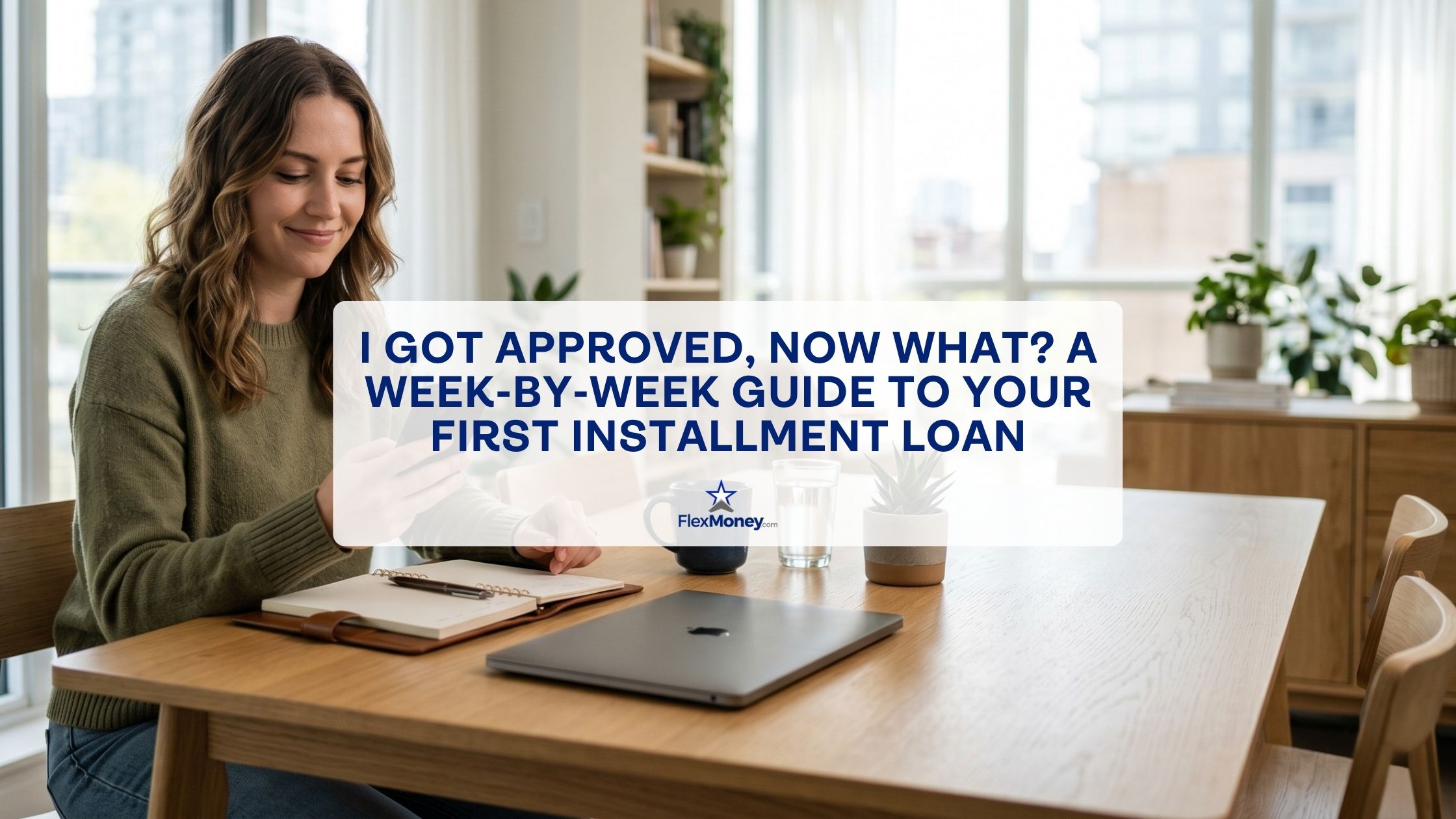 Woman checking her phone at a home office after being approved for her first installment loan, reviewing next steps and repayment planning