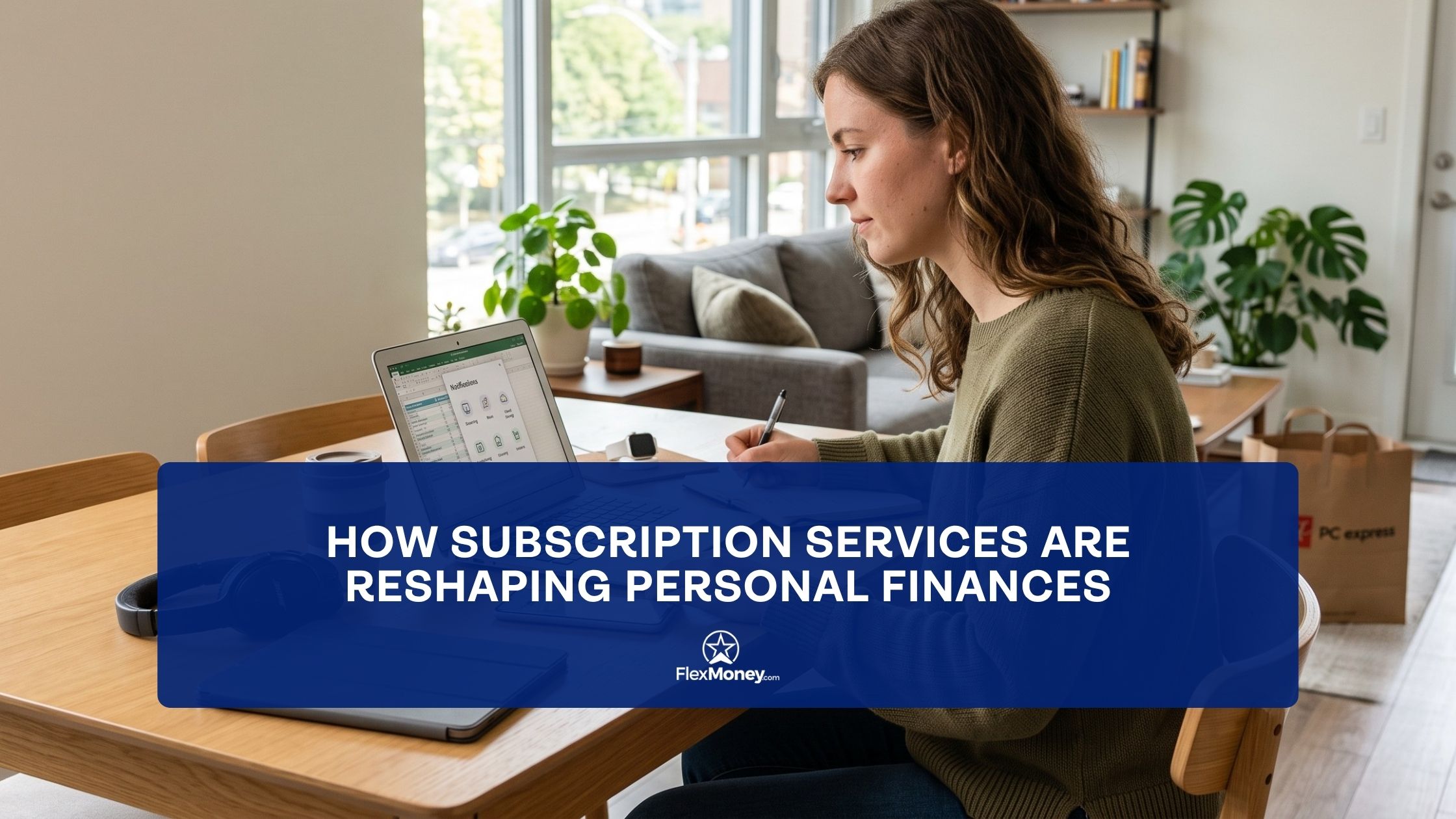 Woman reviewing monthly subscriptions on a laptop at home, illustrating how recurring subscription services can impact personal finances and budgeting