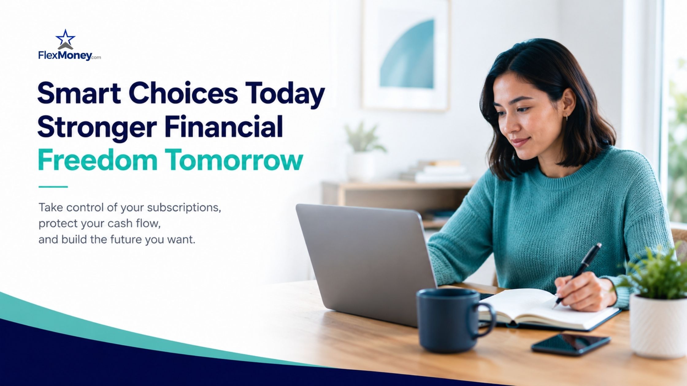 Woman using a laptop to review recurring subscriptions and household finances, demonstrating how managing subscription costs can improve long-term financial stability