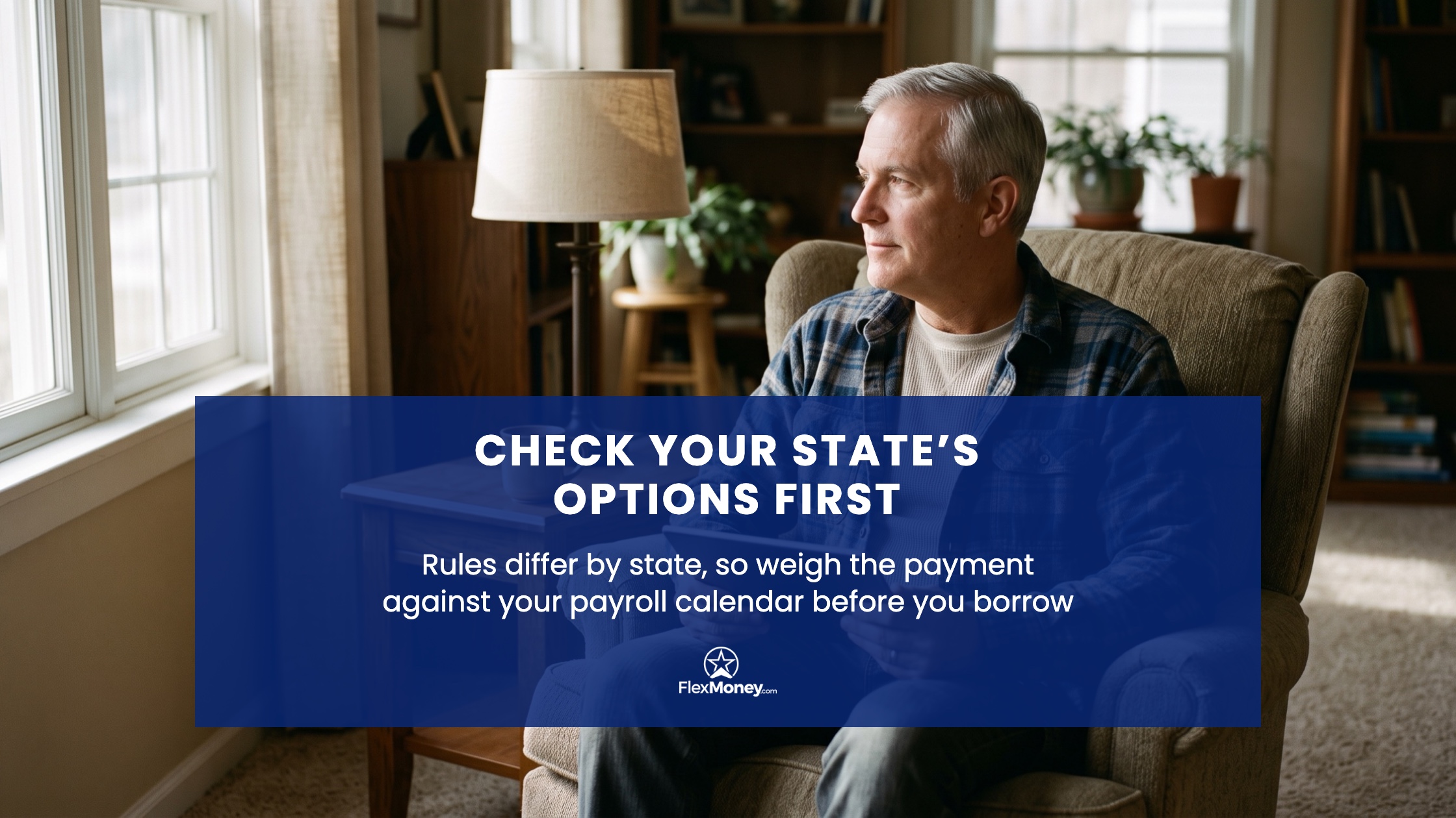 Man in an armchair by a window holding a tablet, under the heading Check Your State’s Options First