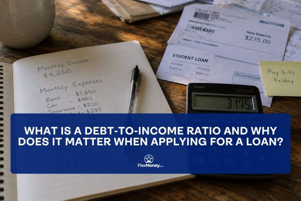 Debt-to-income ratio planning example with monthly income, expenses, loan statements and a calculator.