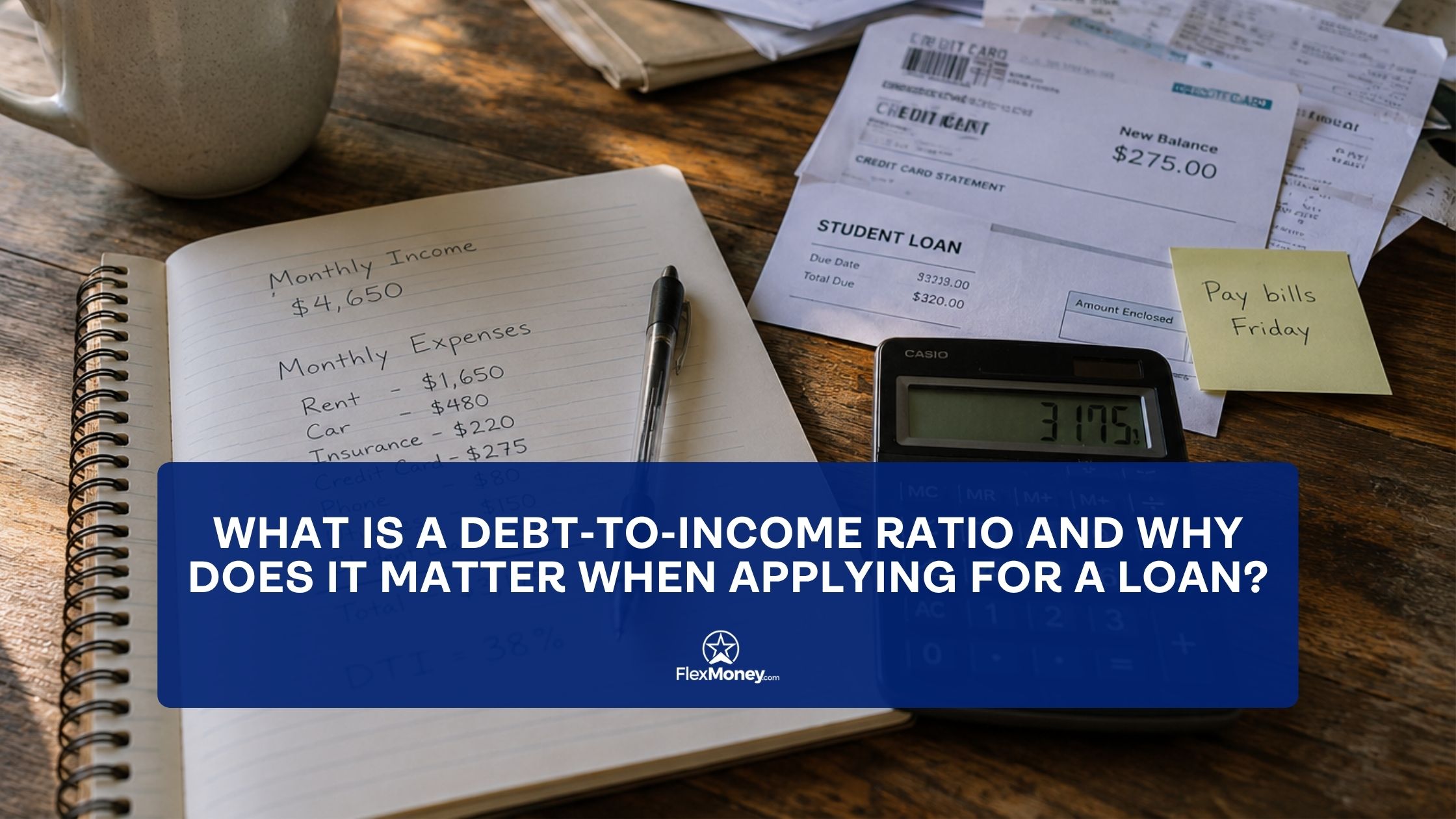 Debt-to-income ratio planning example with monthly income, expenses, loan statements and a calculator.