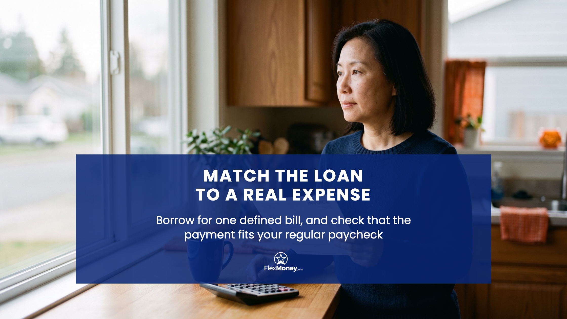 Woman at her kitchen counter holding a repair invoice beside a calculator, under the heading Match the Loan to a Real Expense